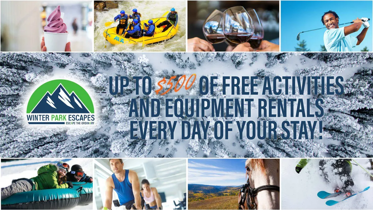 A dynamic collage of outdoor activities, including rafting, skiing, snowboarding, golfing, horseback riding, ice skating, fine dining, and views of the mountain scenery. Families and groups are seen engaging in various adventures and leisure pursuits.