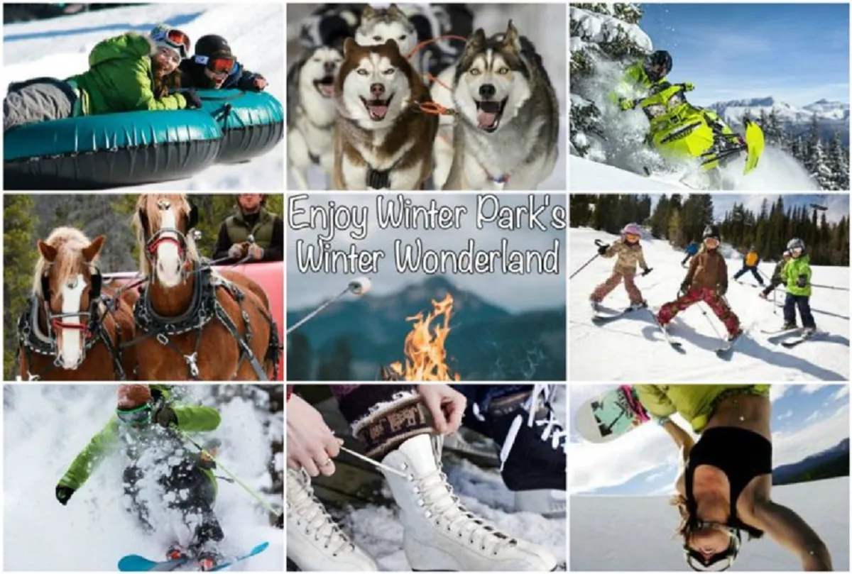 A lively winter scene featuring people enjoying a variety of snow activities, including tubing, dog sledding, snowmobiling, horse-drawn sleigh rides, skiing, snowboarding, and ice skating. A campfire adds a cozy touch, and children and families are visibly having fun across the snowy landscape.