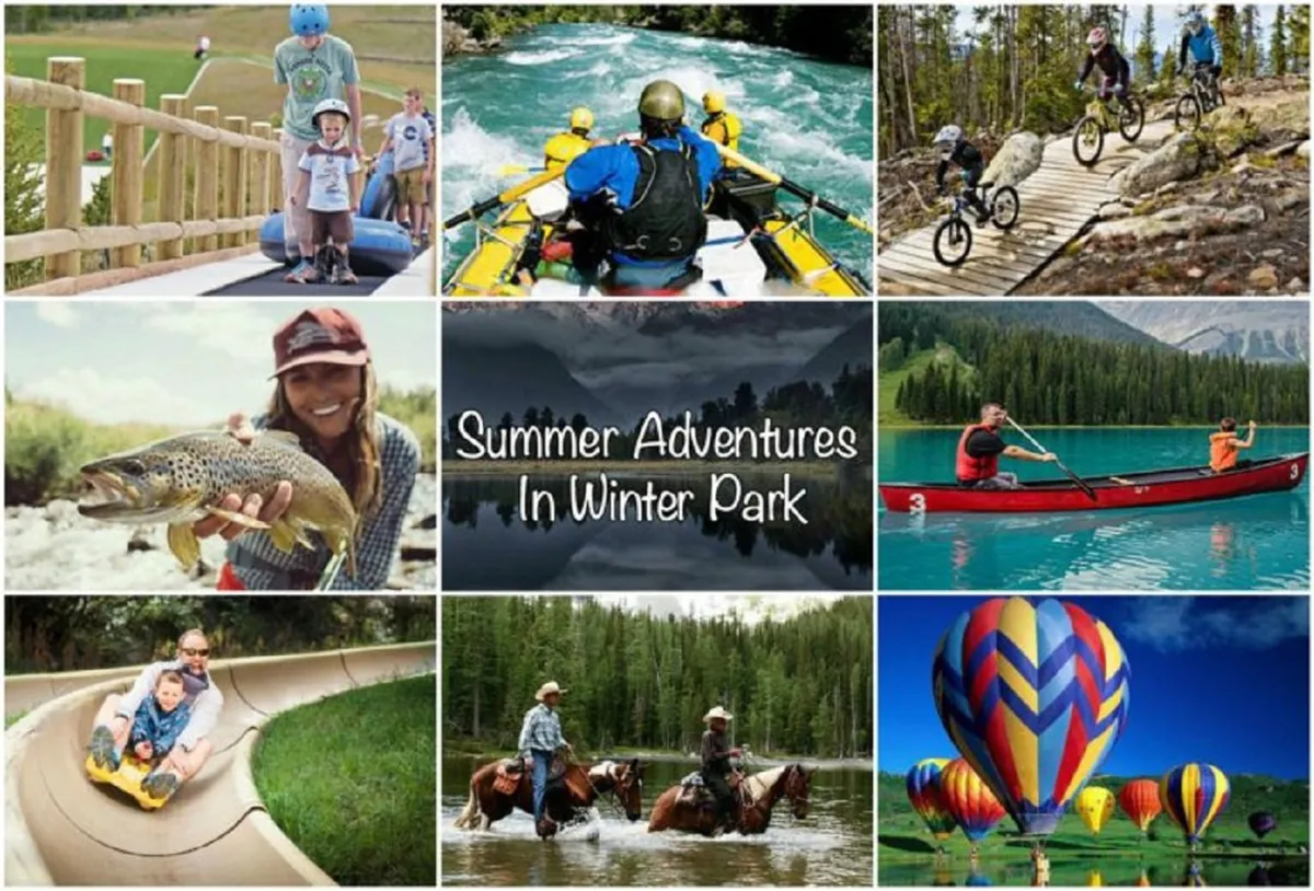 A vibrant outdoor scene with families partaking in warm-weather activities such as rafting, biking, fishing, canoeing, horseback riding, and even hot air ballooning, all set against a dramatic mountain backdrop.